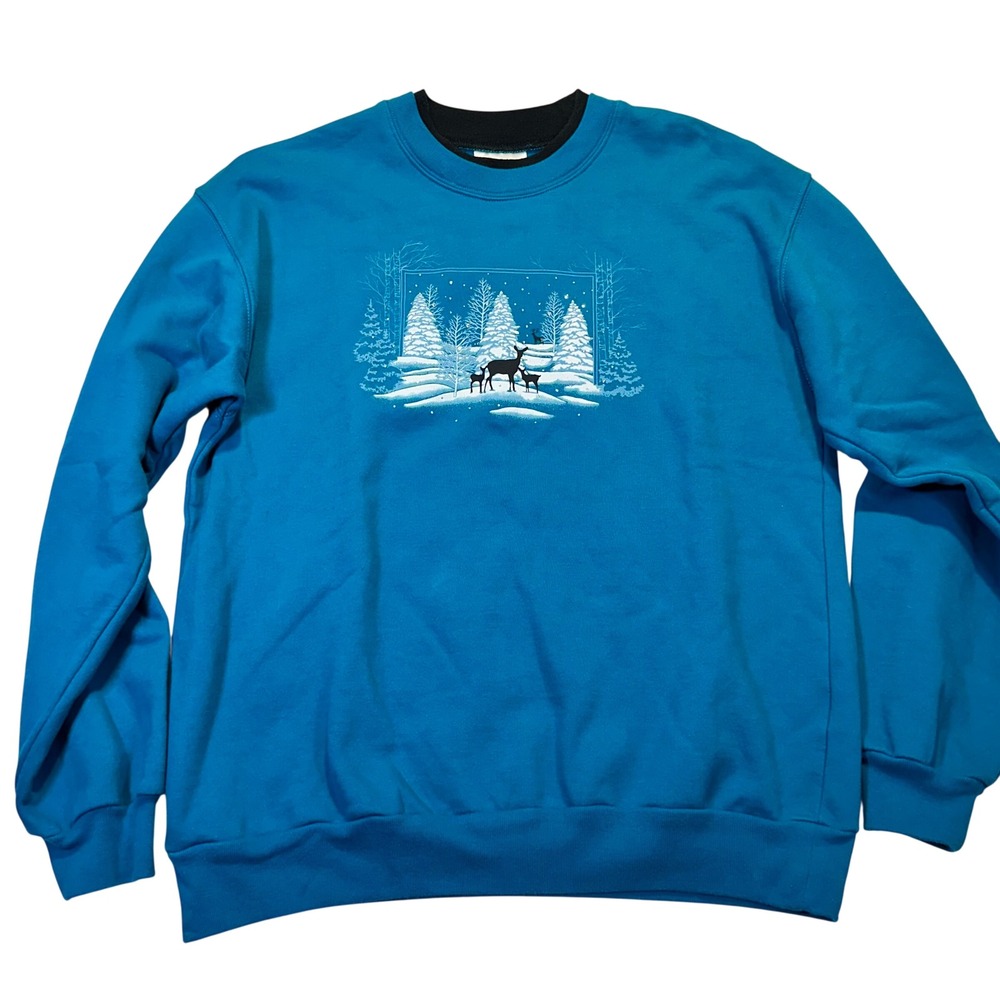 Liberty Lane Sweatshirt Womens Medium Teal Blue‎ Winter Deer Graphic Rhinestone